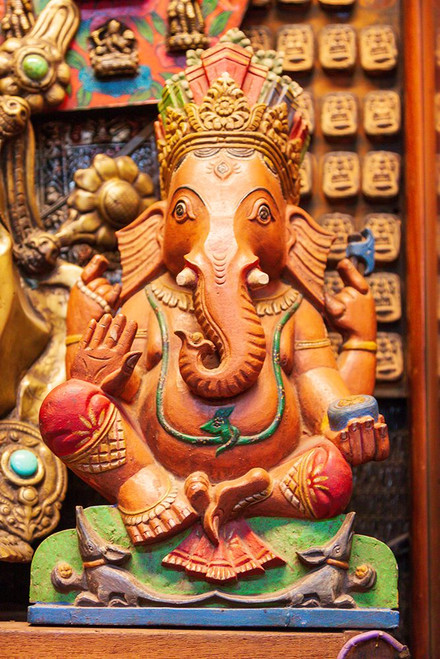 Thailand- Bangkok. Carved and painted wooden statue of Ganesha- or Phra Phikanet. Poster Print - Tom Haseltine