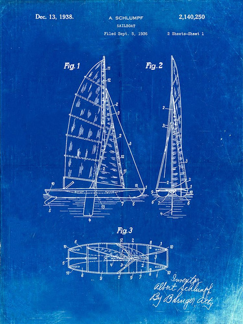 PP216-Faded Blueprint Schlumpf Sailboat Patent Poster Poster Print - Cole Borders