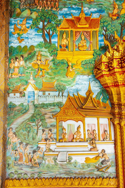 Luang Prabang- Laos. Ancient mural carvings in Wat Mahathat facade. Poster Print - Tom Haseltine