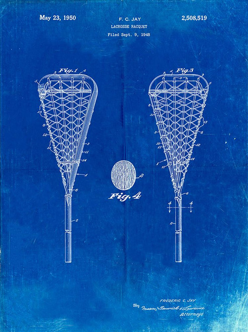 PP199- Faded Blueprint Lacrosse Stick 1948 Patent Poster Poster Print - Cole Borders