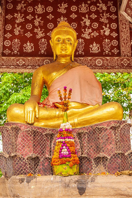 Laos- Luang Prabang. Golden Buddha statue and altar. Poster Print - Tom Haseltine