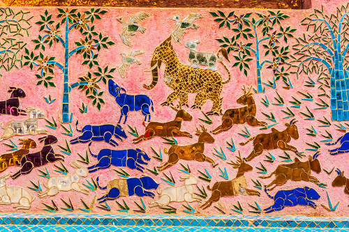 Laos- Luang Prabang. Mosaic mural depicting animals. Poster Print - Tom Haseltine