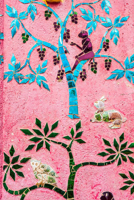 Laos- Luang Prabang. Mosaic mural depicting a monkey in a fruit tree. Poster Print - Tom Haseltine