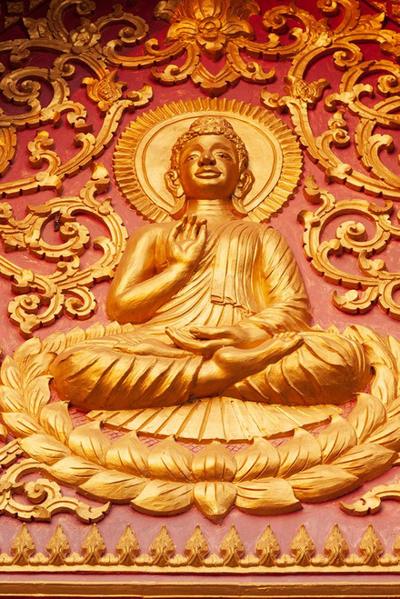 Laos- Luang Prabang. Golden relief carving of Buddha. Poster Print - Tom Haseltine