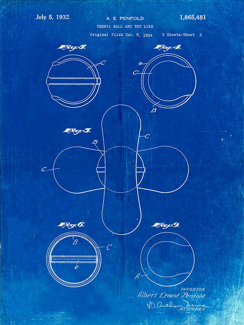 PP182- Faded Blueprint Tennis Ball 1932 Patent Poster Poster Print - Cole Borders