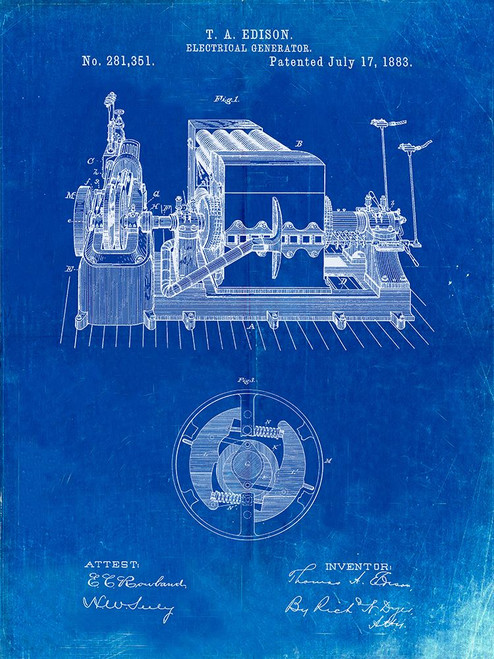 PP794-Faded Blueprint Edison Electrical Generator Patent Art Poster Print - Cole Borders
