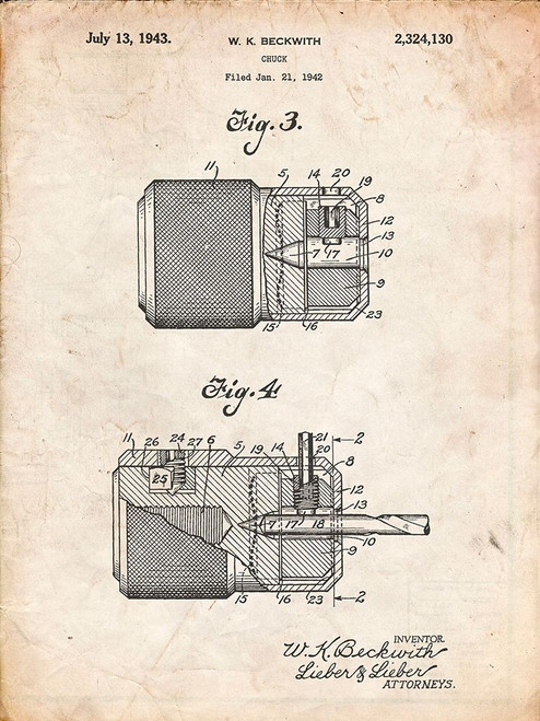 PP787-Vintage Parchment Drill Chuck 1943 Patent Poster Poster Print - Cole Borders