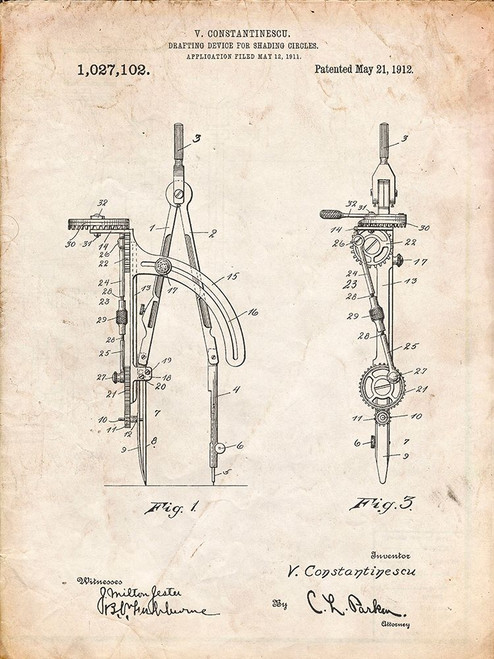PP785-Vintage Parchment Drafting Compass 1912 Patent Poster Poster Print - Cole Borders