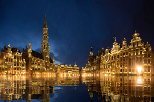 Belgium-Brussels. Grand Place main square lit at twilight. Poster Print - Gallery Jaynes