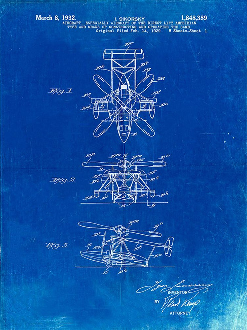PP170- Faded Blueprint Sikorsky S-41 Amphibian Aircraft Patent Poster Poster Print - Cole Borders