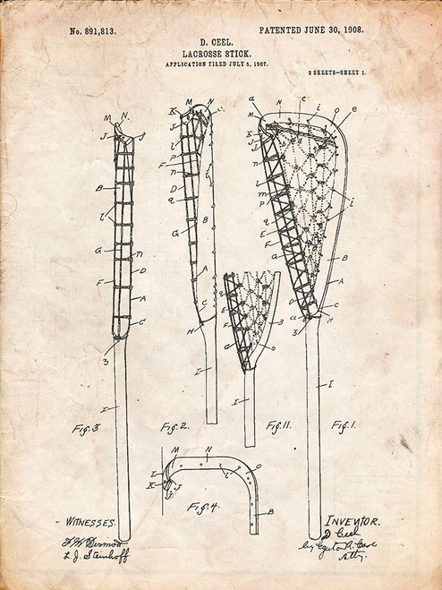 PP166- Vintage Parchment Lacrosse Stick Patent Poster Poster Print - Cole Borders