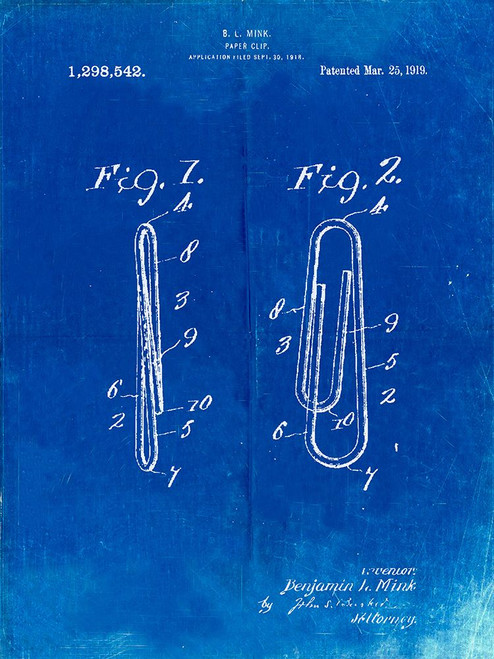 PP165- Faded Blueprint Paper Clip Patent Poster Poster Print - Cole Borders