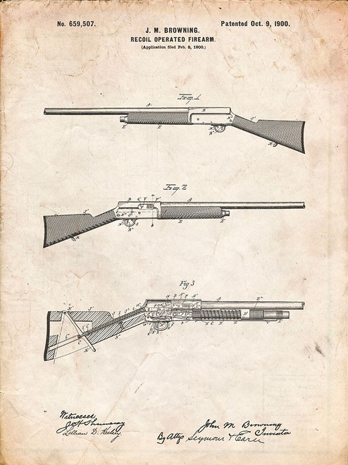 PP754-Vintage Parchment Browning Auto 5 Shotgun 1900 Patent Poster Poster Print - Cole Borders PP754-Vintage Parchment Browning Auto 5 Shotgun 1900 Patent Poster Poster Print - Cole Borders