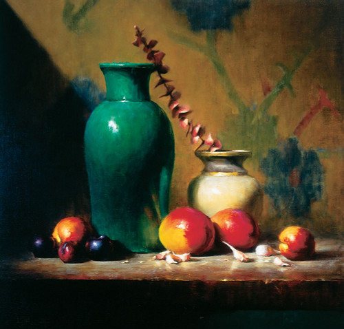 Green Vase And Fruit Poster Print - Unknown