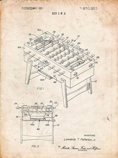 PP136- Vintage Parchment Foosball Game Patent Poster Poster Print - Cole Borders