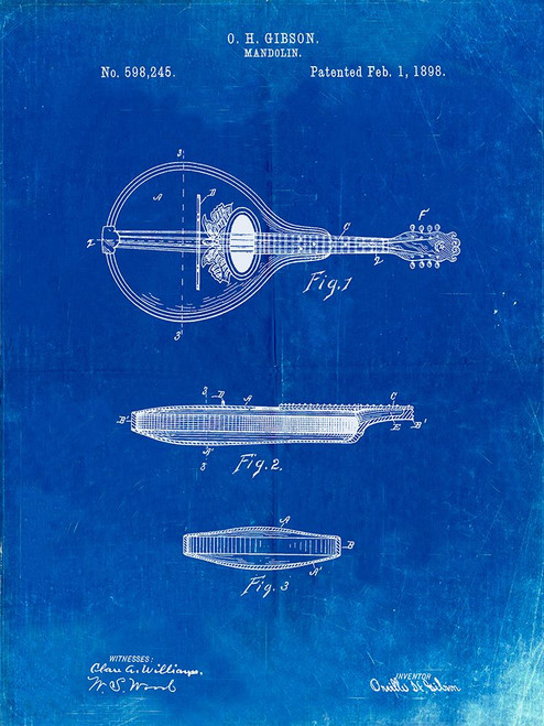 PP137- Faded Blueprint Gibson Mandolin A - Model Patent Poster Poster Print - Cole Borders