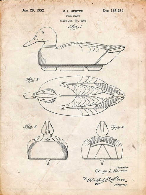 PP161- Vintage Parchment Duck Decoy Patent Poster Poster Print - Cole Borders