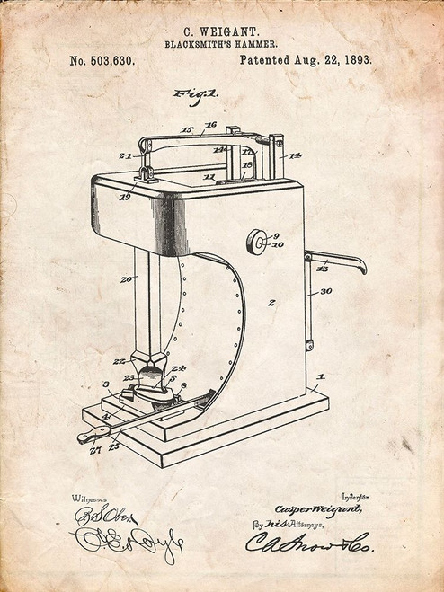PP743-Vintage Parchment Blacksmith Hammer 1893 Patent Poster Poster Print - Cole Borders
