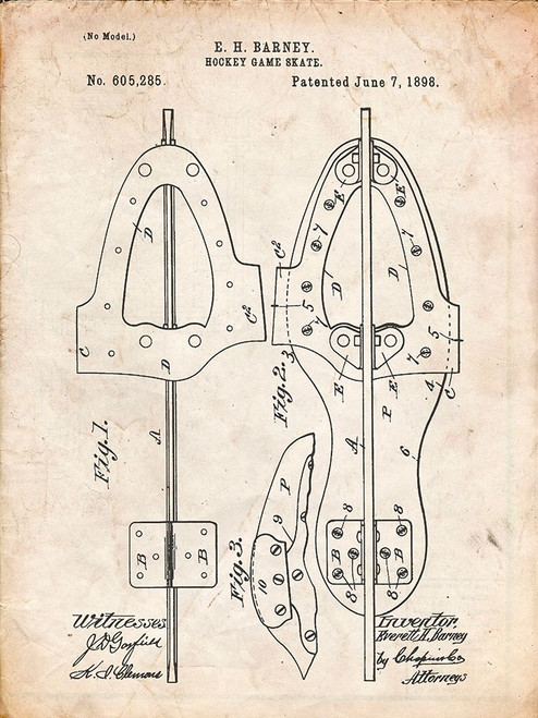 PP158- Vintage Parchment 1898 Hockey Skate Patent Poster Poster Print - Cole Borders