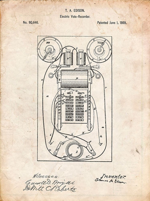 PP1083-Vintage Parchment T. A. Edison Vote Recorder Patent Poster Poster Print - Cole Borders