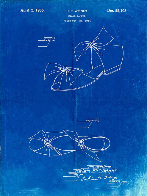 PP722-Faded Blueprint Beach Sandal 1934 Patent Poster Poster Print - Cole Borders