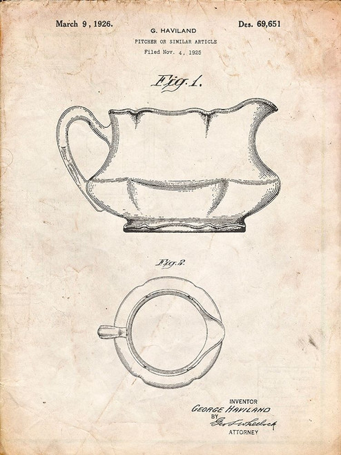 PP155- Vintage Parchment Haviland Basin Pitcher Patent Poster Poster Print - Cole Borders