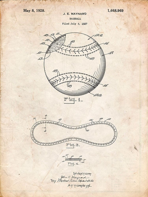 PP143- Vintage Parchment Baseball Stitching Patent Poster Print - Cole Borders