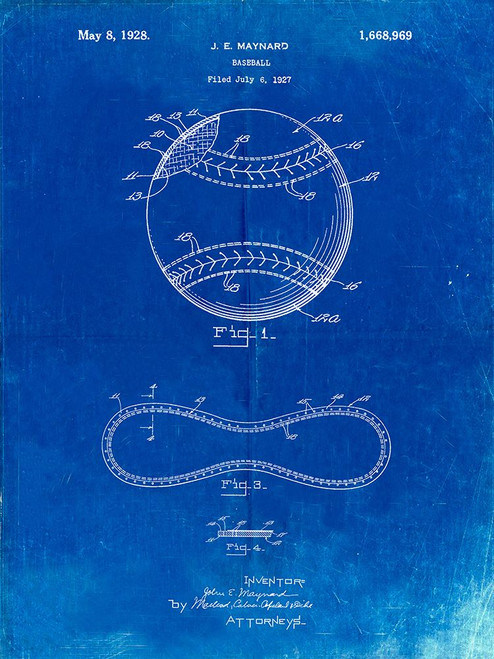 PP143- Faded Blueprint Baseball Stitching Patent Poster Print - Cole Borders