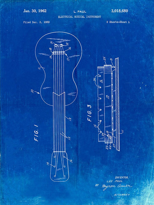 PP140- Faded Blueprint Gibson Les Paul Guitar Patent Poster Poster Print - Cole Borders