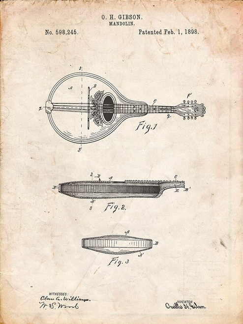 PP137- Vintage Parchment Gibson Mandolin A - Model Patent Poster Poster Print - Cole Borders