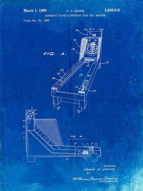 PP1036-Faded Blueprint Skee Ball Patent Poster Poster Print - Cole Borders