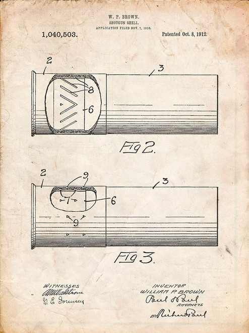 PP1033-Vintage Parchment Shotgun Shell Patent Print Poster Print - Cole Borders PP1033-Vintage Parchment Shotgun Shell Patent Print Poster Print - Cole Borders