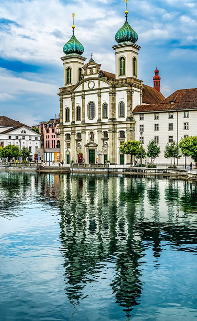 Jesuit Church Inner Harbor reflection-Lucerne-Switzerland. Poster Print - William Perry