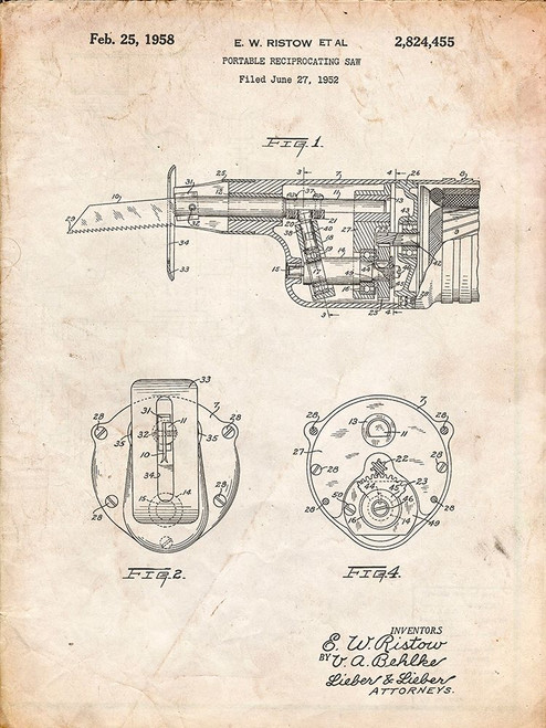 PP996-Vintage Parchment Portable Reciprocating Saw Poster Poster Print - Cole Borders