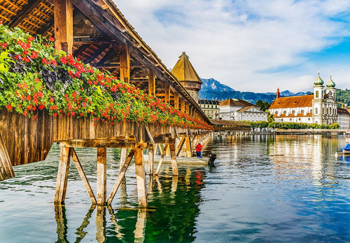 Kapellbrucke Jesuit Church reflection-Lucerne-Switzerland. Built in 1365 Poster Print - William Perry