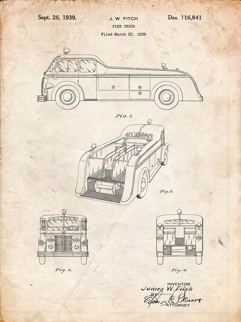 PP128- Vintage Parchment Firetruck 1939 Patent Poster Poster Print - Cole Borders