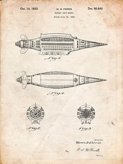 PP1017-Vintage Parchment Rocket Ship Model Patent Poster Poster Print - Cole Borders