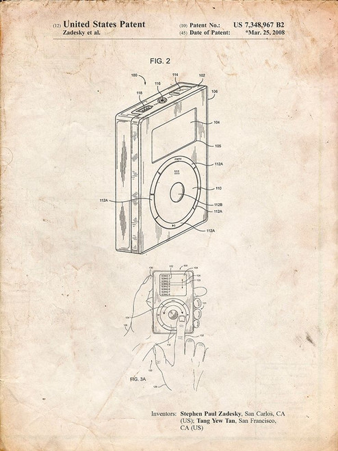 PP124- Vintage Parchment iPod Click Wheel Patent Poster Poster Print - Cole Borders