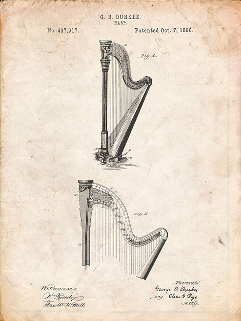 PP662-Vintage Parchment Harp Instrument 1890 Patent Poster Poster Print - Cole Borders PP662-Vintage Parchment Harp Instrument 1890 Patent Poster Poster Print - Cole Borders