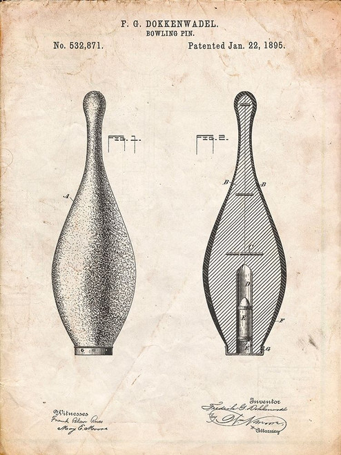 PP652-Vintage Parchment Vintage Bowling Pin Patent Poster Poster Print - Cole Borders