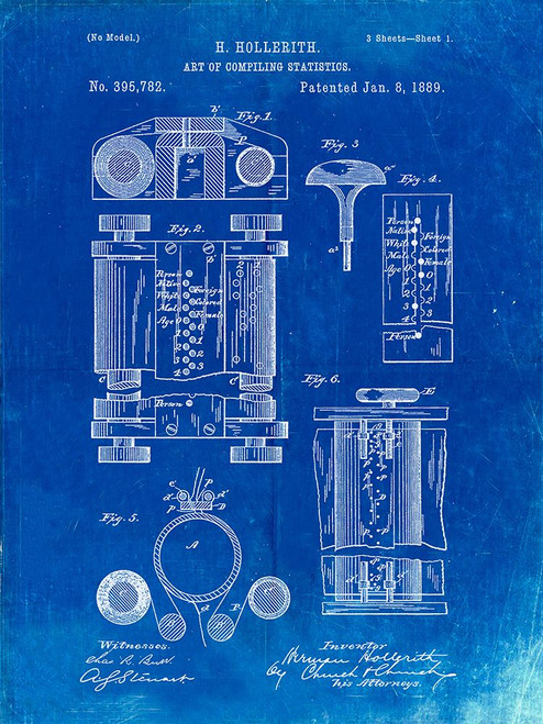 PP110-Faded Blueprint Hollerith Machine Patent Poster Poster Print - Cole Borders