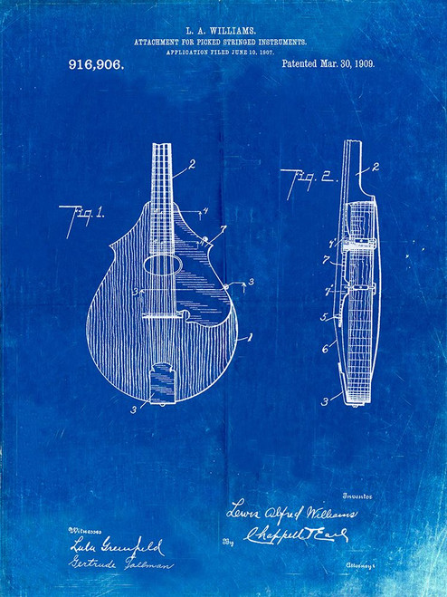 PP638-Faded Blueprint Mandolin Pick Guard Patent Poster Poster Print - Cole Borders