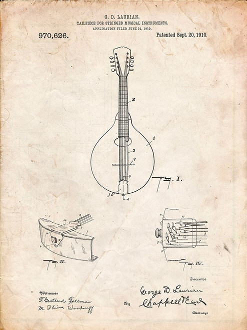 PP514-Vintage Parchment Gibson Mandolin Tailpiece Patent Poster Poster Print - Cole Borders