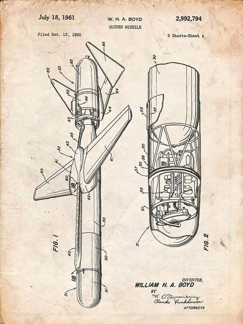 PP624-Vintage Parchment Cold War Era Guided Missile Patent Poster Poster Print - Cole Borders PP624-Vintage Parchment Cold War Era Guided Missile Patent Poster Poster Print - Cole Borders