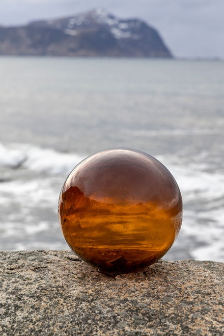 Norway- Lofoten Islands- Vareid. Mountains and ocean viewed through a glass ball Poster Print - Hollice Looney