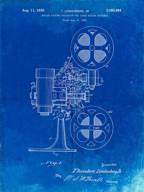 PP966-Faded Blueprint Movie Projector 1933 Patent Poster Poster Print - Cole Borders