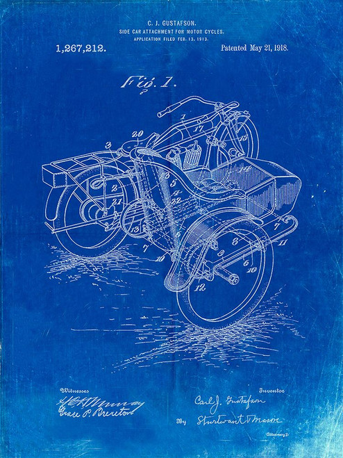 PP963-Faded Blueprint Motorcycle Sidecar 1918 Patent Poster Poster Print - Cole Borders