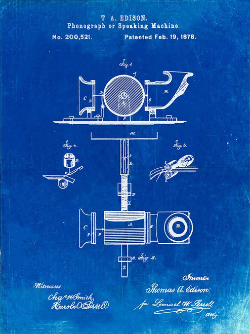 PP622-Faded Blueprint T. A. Edison Phonograph Patent Poster Poster Print - Cole Borders