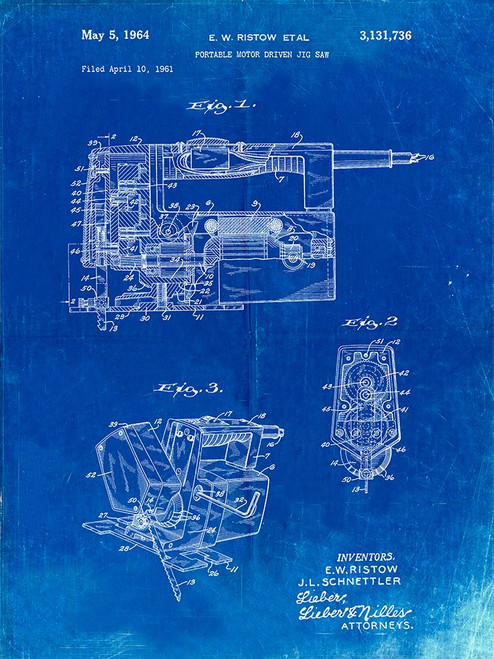 PP957-Faded Blueprint Milwaukee Portable Jig Saw Patent Poster Poster Print - Cole Borders