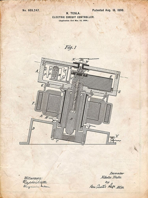 PP608-Vintage Parchment Tesla Electric Circuit Controller Poster Poster Print - Cole Borders